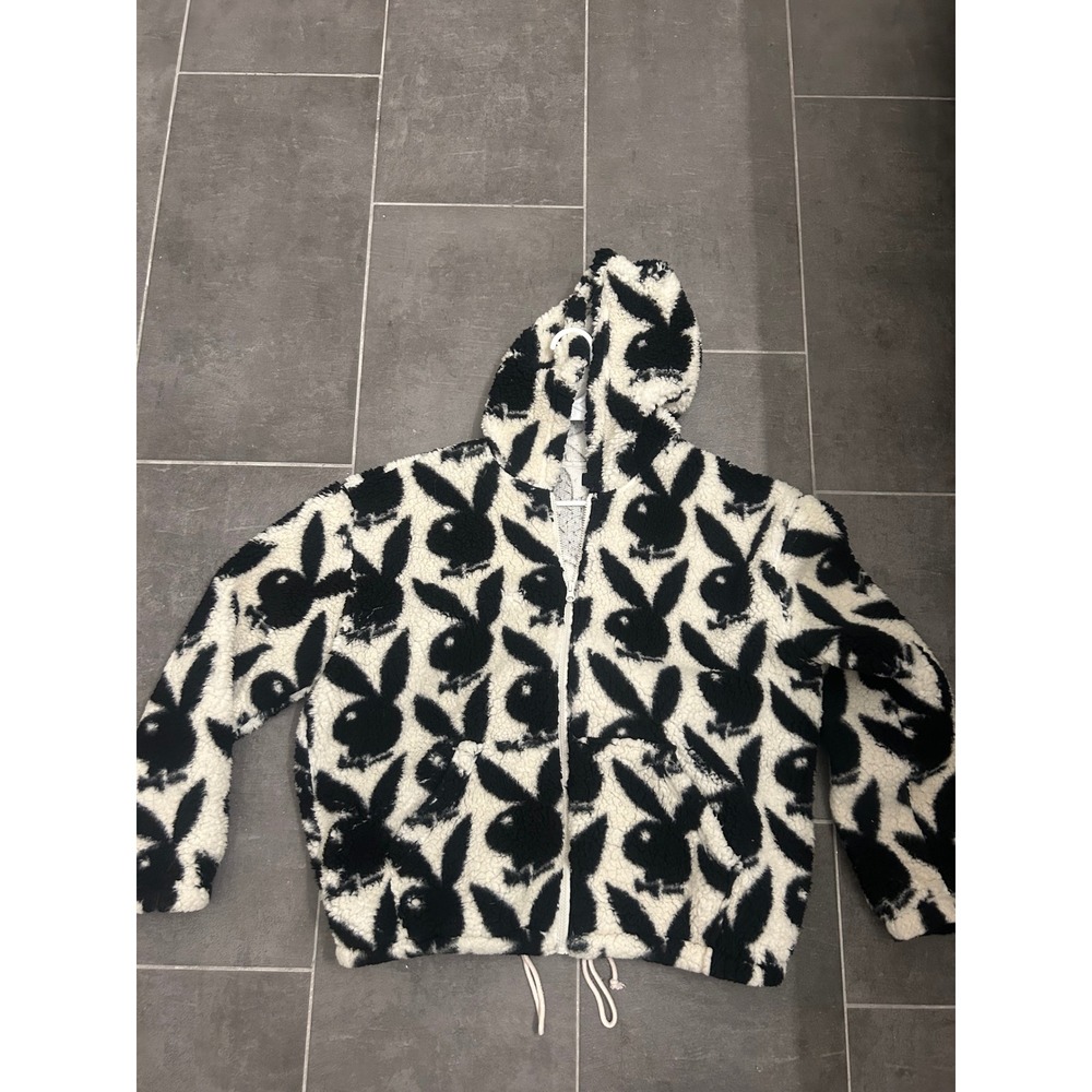 Playboy by PacSun Womens Sherpa Fleece Zip Up Hoodie Black White Bunny Logo M